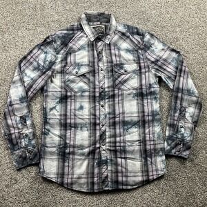 BKE Shirt Mens Medium Plaid Western Pearl Snap Vintage Acid Washed Tie Dye Rodeo